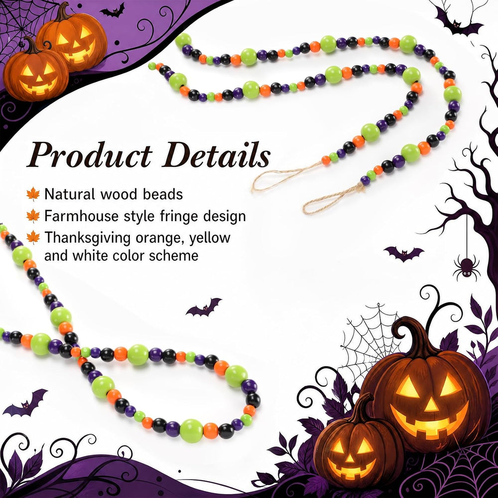 Giegxin 1 Pcs Halloween Wooden Bead Garland, Black, Orange, Green, Purple