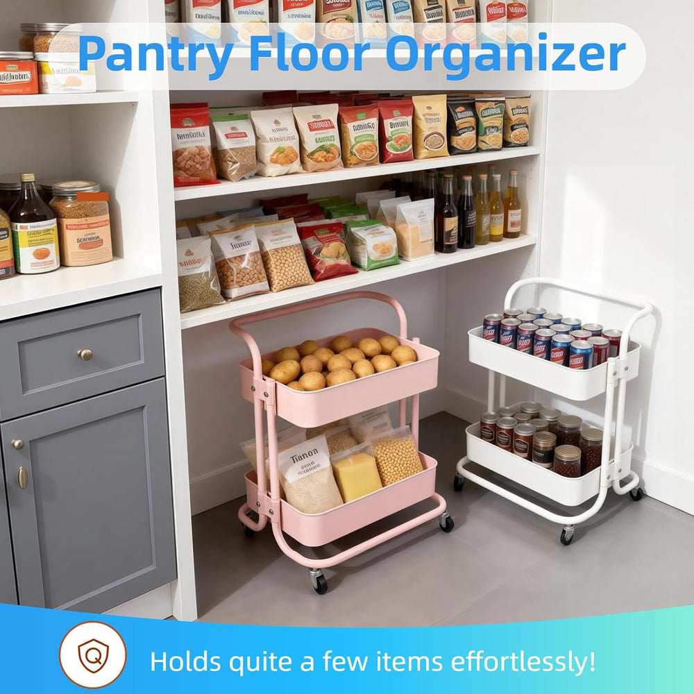 2 Tier Cart with Wheels Under Desk Storage with Handle, Metal Rolling Pantry ...