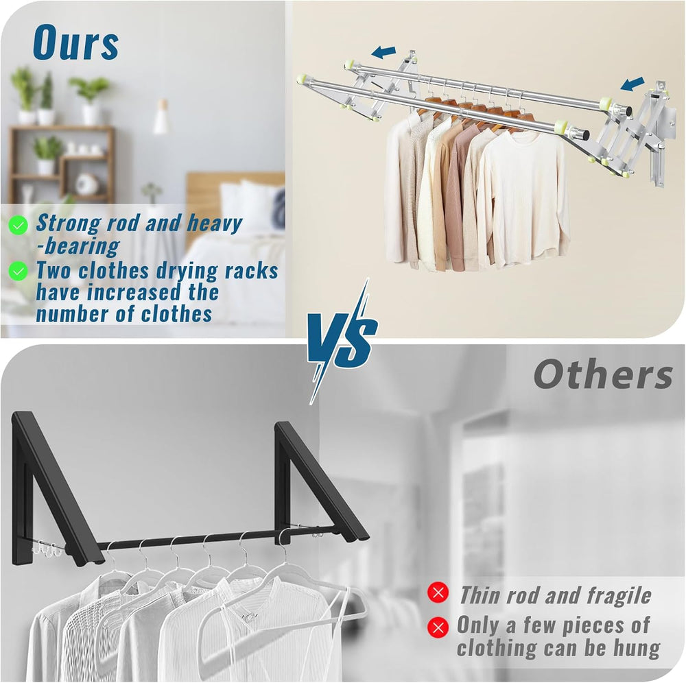 Foldable Wall Mounted Clothes Rack- Double 44'' Long Rod & 2 Thic...
