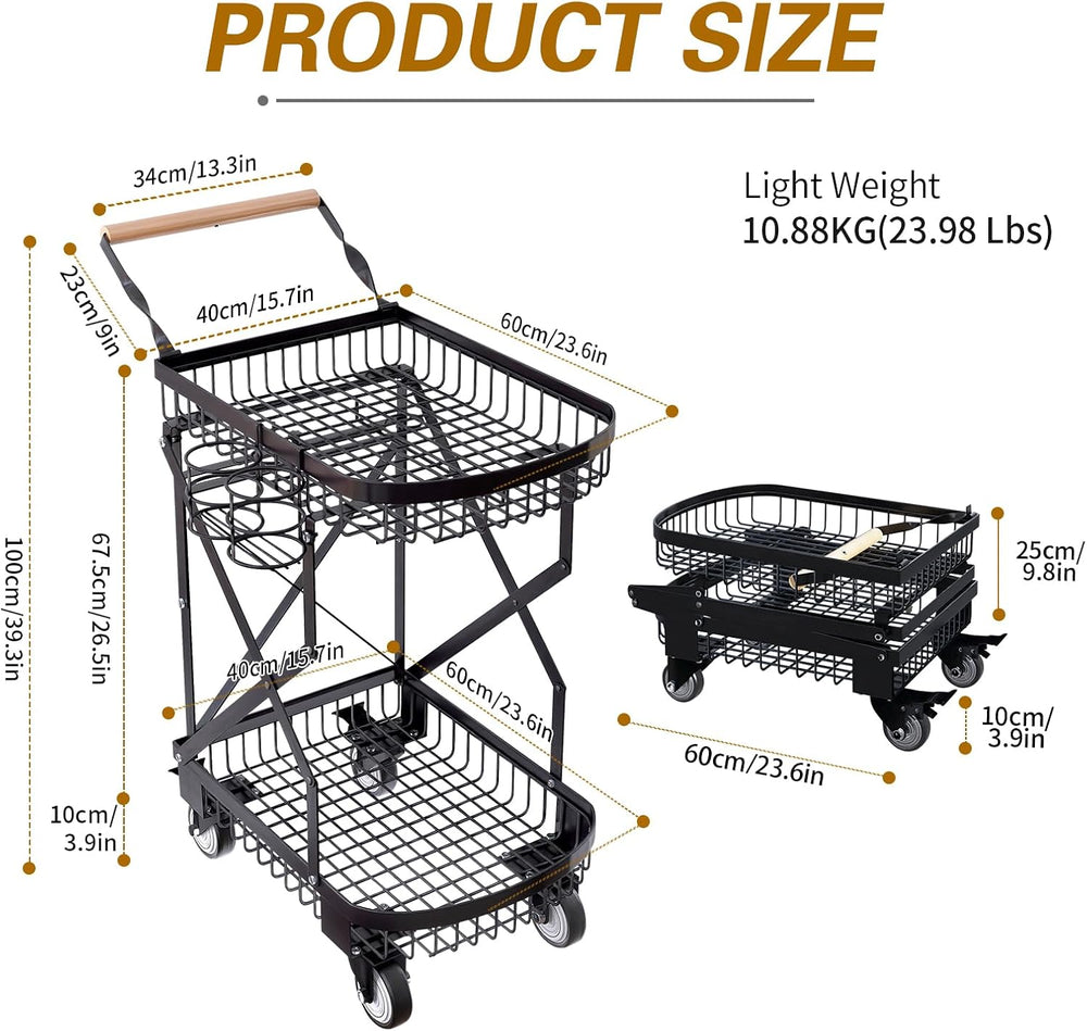 2-Tier Foldable Shopping Cart with Wheels for Groceries, Grocery Store Cart w...