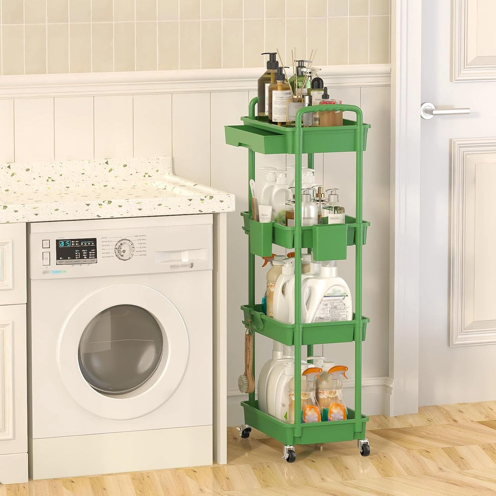 4 Tier Rolling Utility Cart with Drawer, Plastic Storage Organizer Rolling Ca...