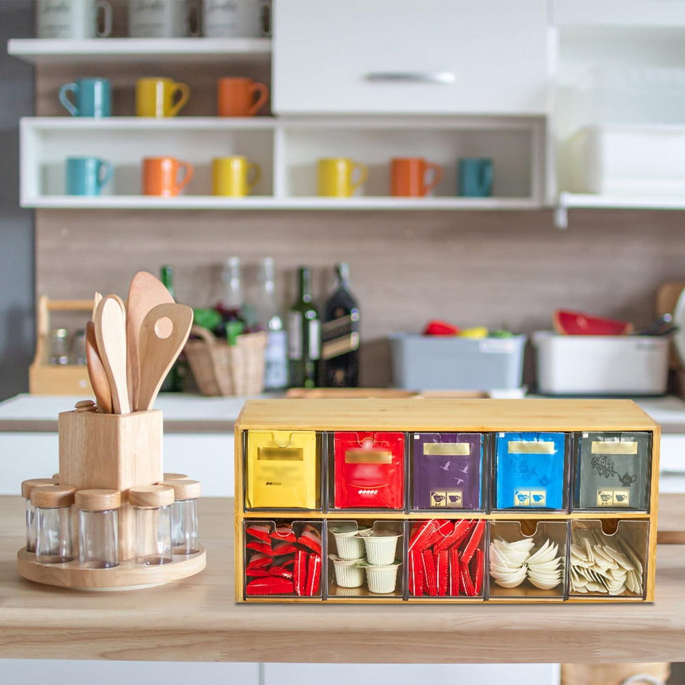 TIMIEEYA Tea Bag Organizer - Bamboo Tea Storage Organizer With Drawer 2 Layer...
