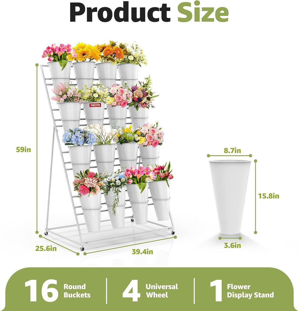 4 Layers Flower Display Stand with Buckets, 16 PCS Buckets Plant Stand with W...