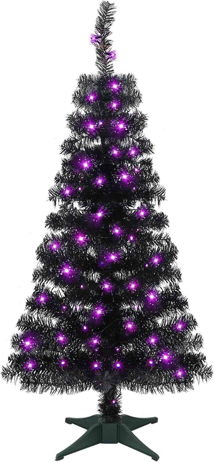 Juegoal Lighted Artificial Halloween Black Christmas Tree, 4FT Black Tinsel P...