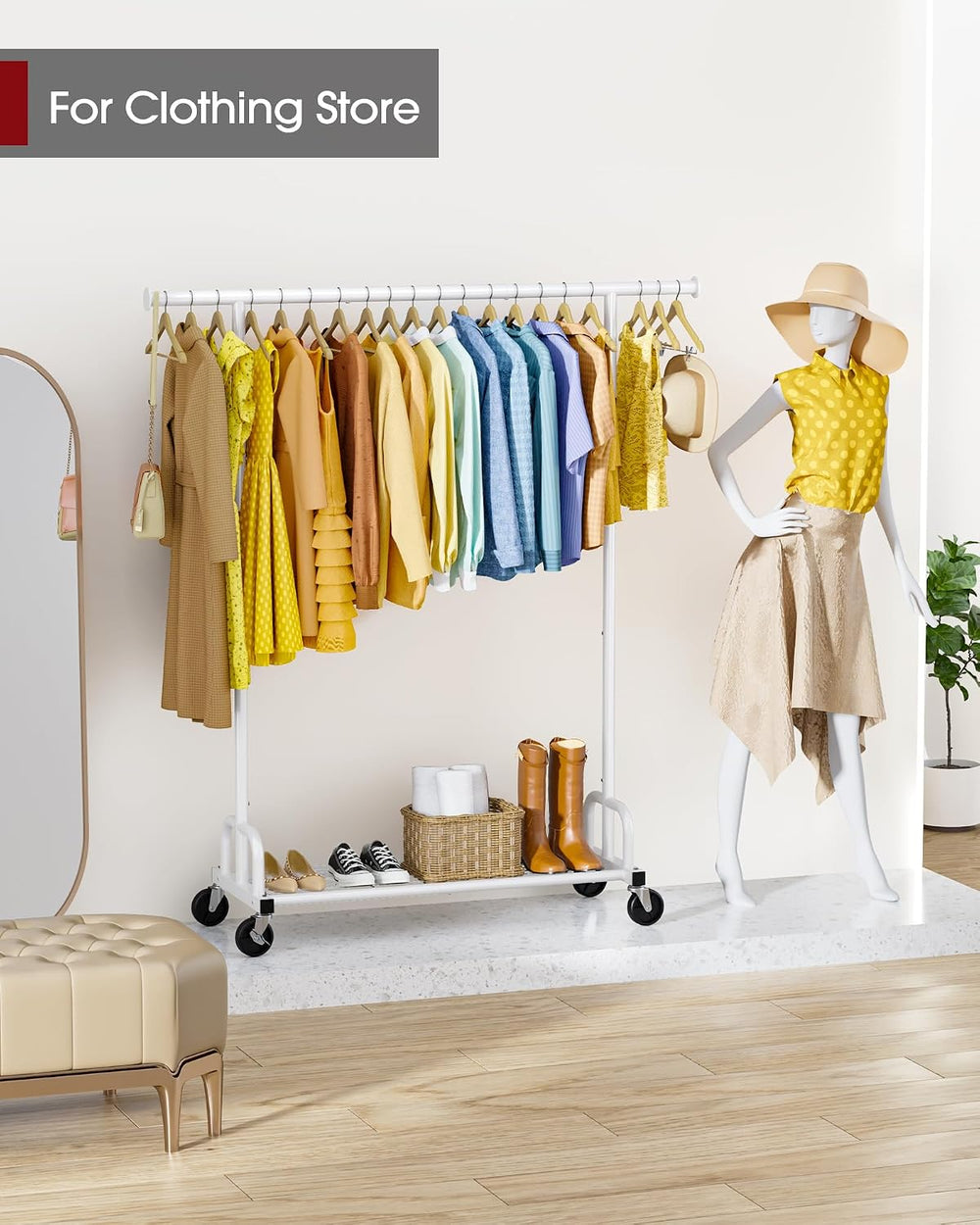Rolling Clothes Rack with Shoe Shelf, 45.6" x 16.9" x 59", White