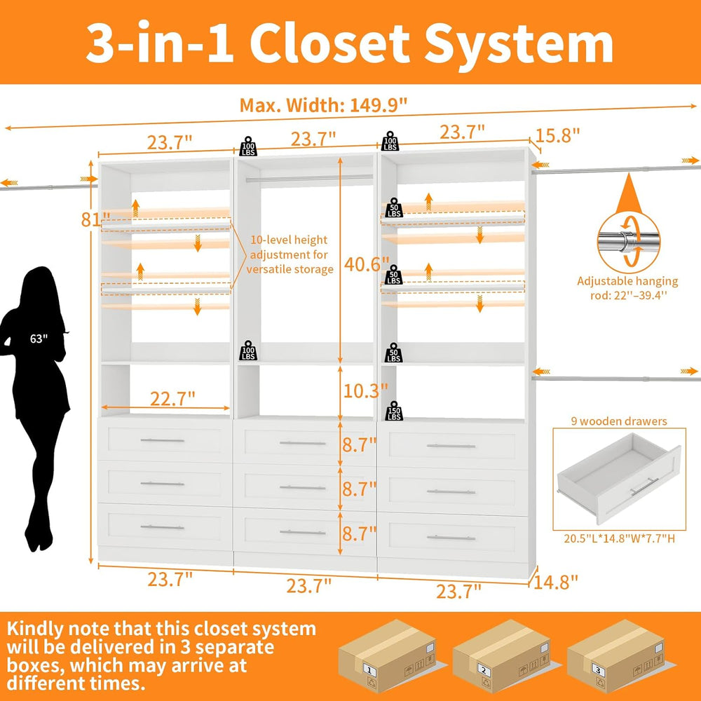 Closet System with 3 Sets, 6–15 FT Closet Organizer System with 9 Drawers, 9 ...