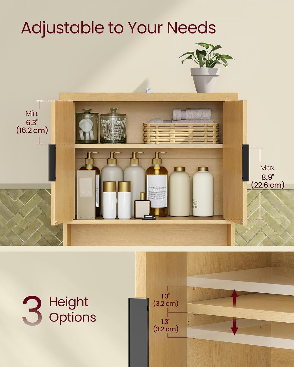 VASAGLE Over The Toilet Storage Cabinet, Doors, Adjustable Shelf, 23.6'