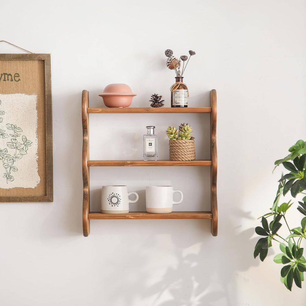 100% Solid Wood Wall Shelf 3-Tier, Rustic Floating Shelves Wall Mounted Stora...