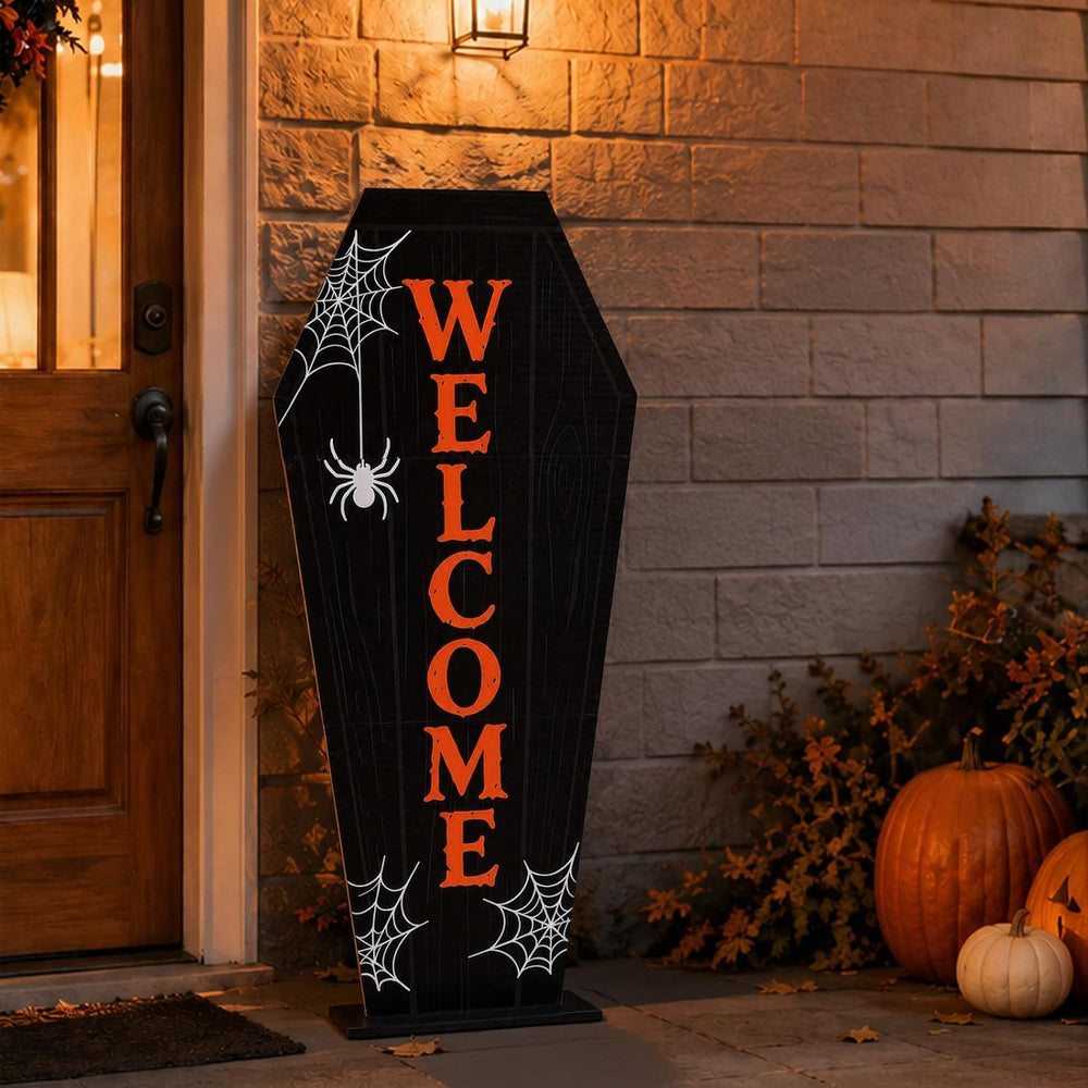 2.95FT Wooden Halloween Coffin Welcome Porch Sign for Front Door