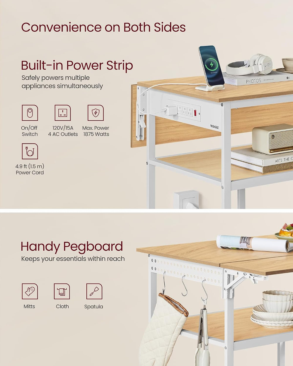VASAGLE Kitchen Island with Drop Leaf, Power Strip, Pegboard, 47.2" Width