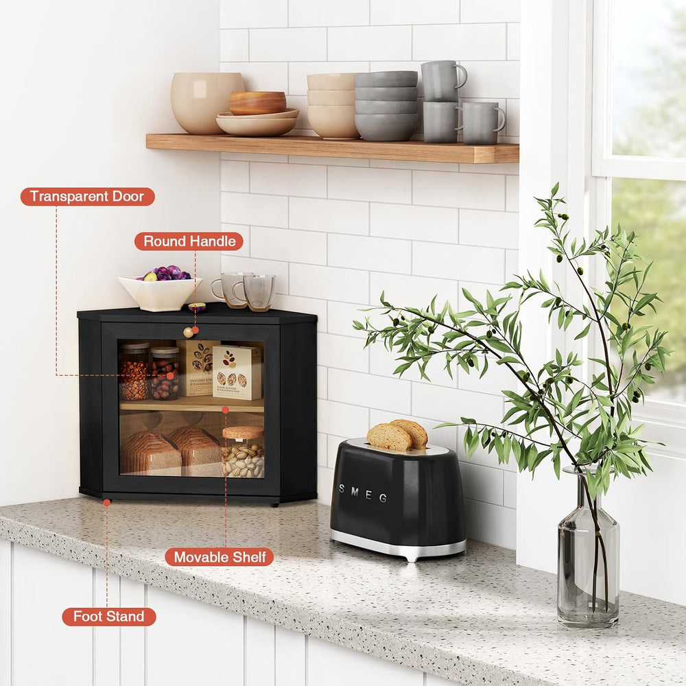 Goozii Corner Bread Box 2 Tier, Double Layer Black Breadbox for Countertop