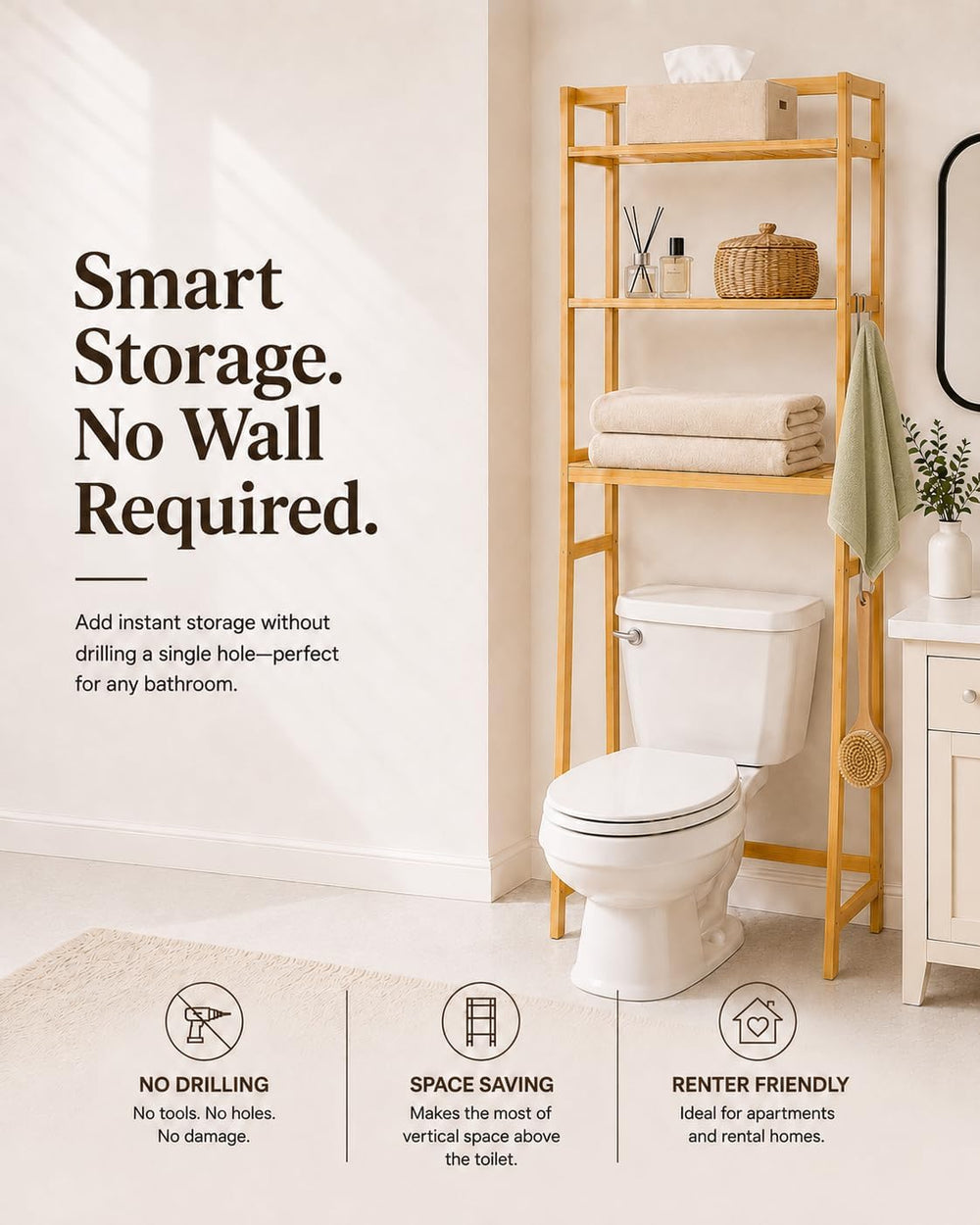 Over The Toilet Storage,Space Saving 3 Tier Bamboo Bathroom Storage Shelf