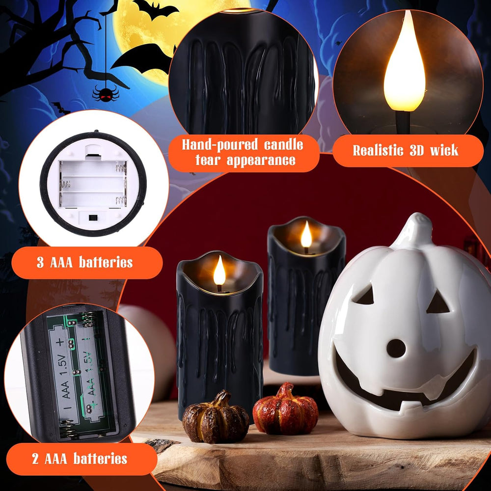 4 Pack Halloween Black Flameless Pillar Candles with Remote, 3 x 6 Inch