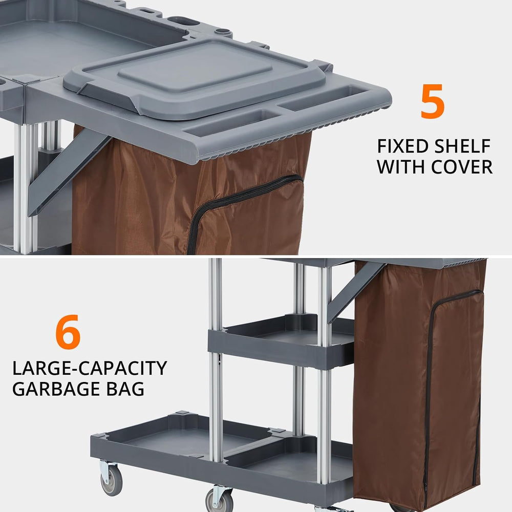 Commercial Janitorial Cleaning Cart on Wheels - Black Housekeeping Caddy with...