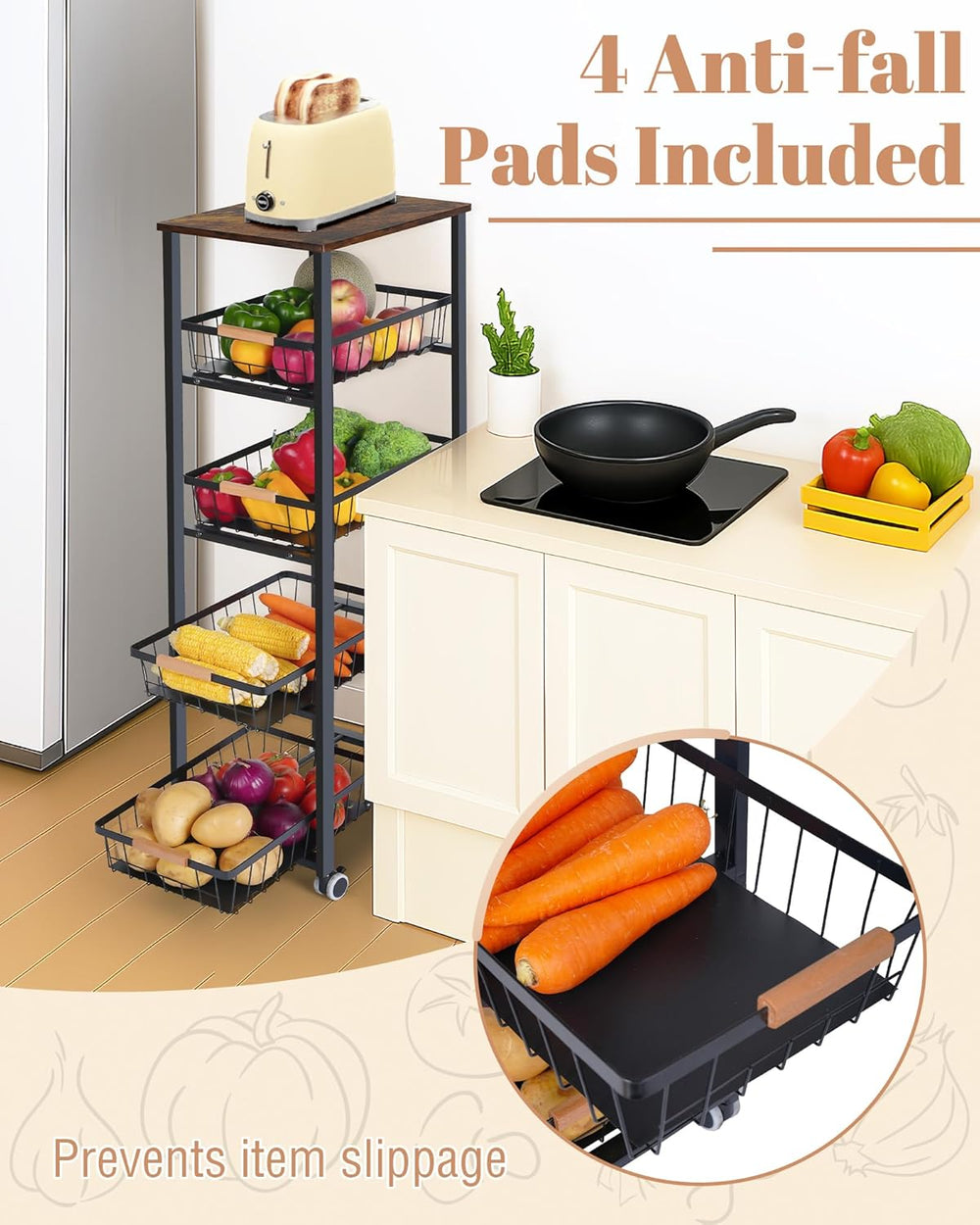 Mythinglogic 5-Tier Fruit & Vegetable Rolling Cart with 4 Pull-Out Baskets