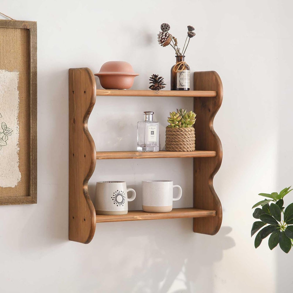 100% Solid Wood Wall Shelf 3-Tier, Rustic Floating Shelves Wall Mounted Stora...