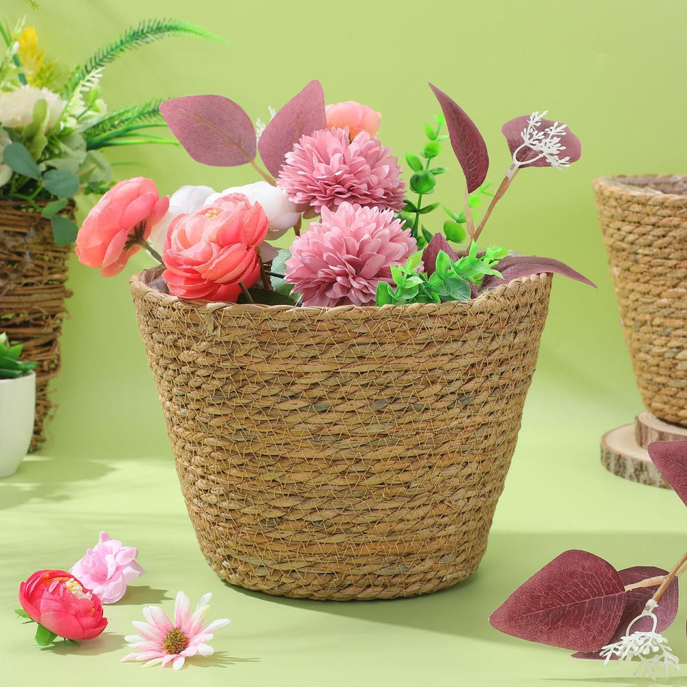 Healifty 2Pcs Woven Plant Baskets with Liners Round Rattan Seagrass Planter