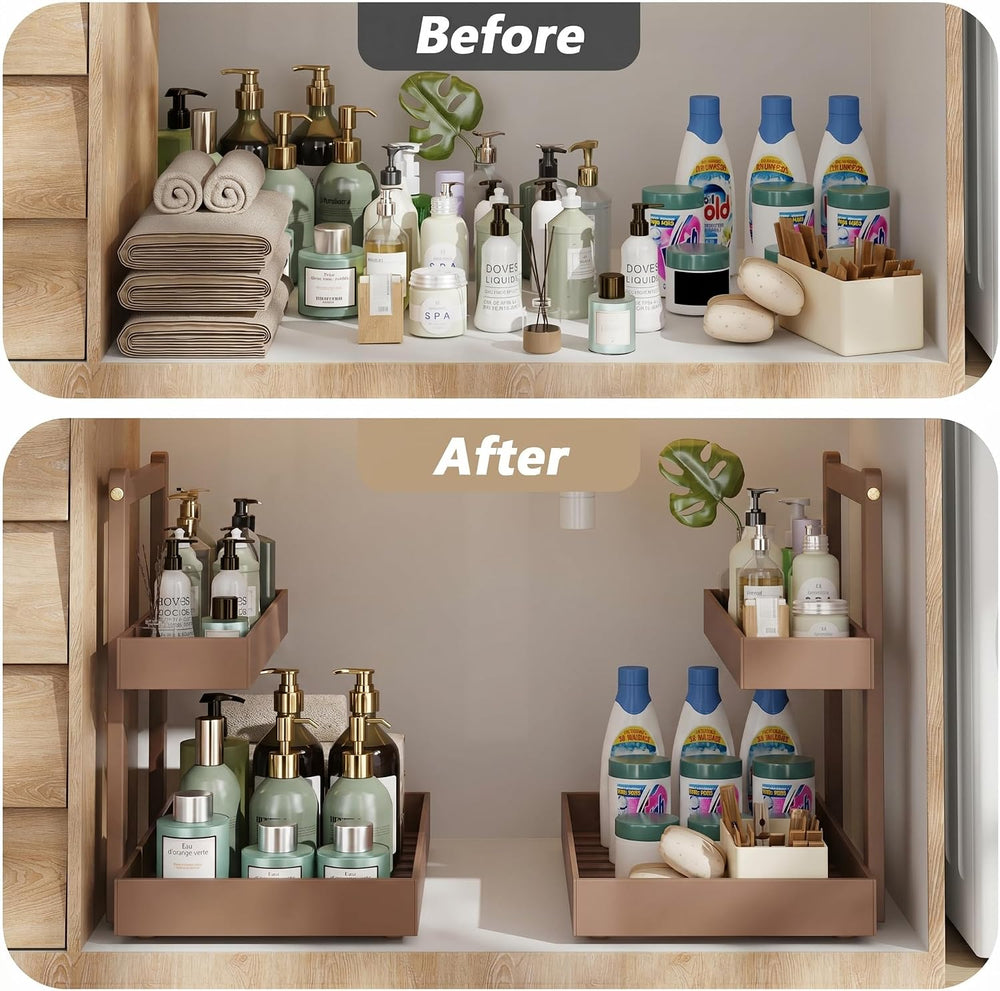 Under Sink Organizer, L-Shaped 2 Tier Pull Out Cabinet Organizer