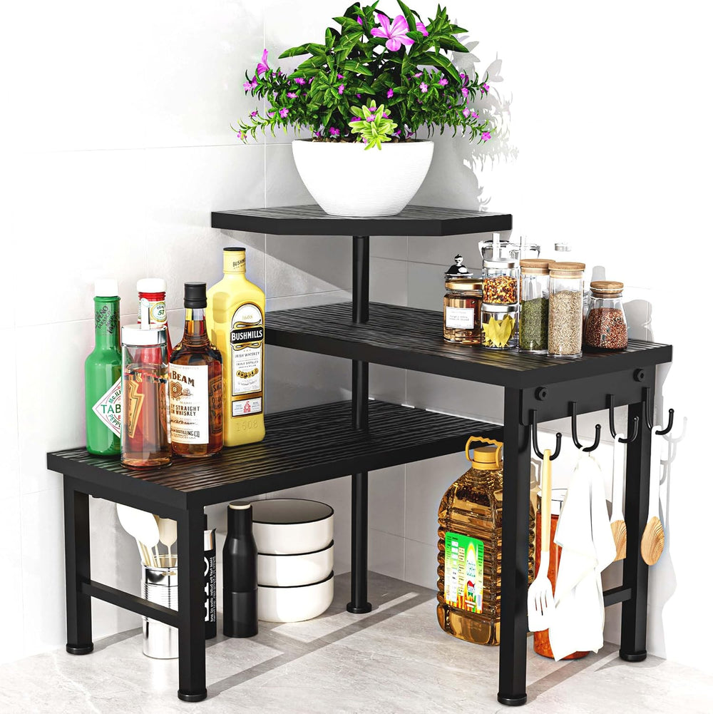 Counter Organizer Shelf, 3 Tier Moveable Black Corner Shelf Organizer with Ho...