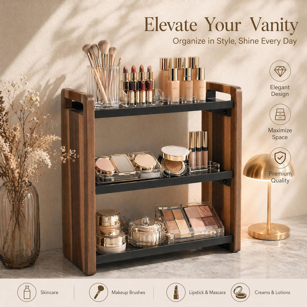 Narrow Solid Wood Bathroom Counter Organizer, Space-Saving Bathroom Storage R...