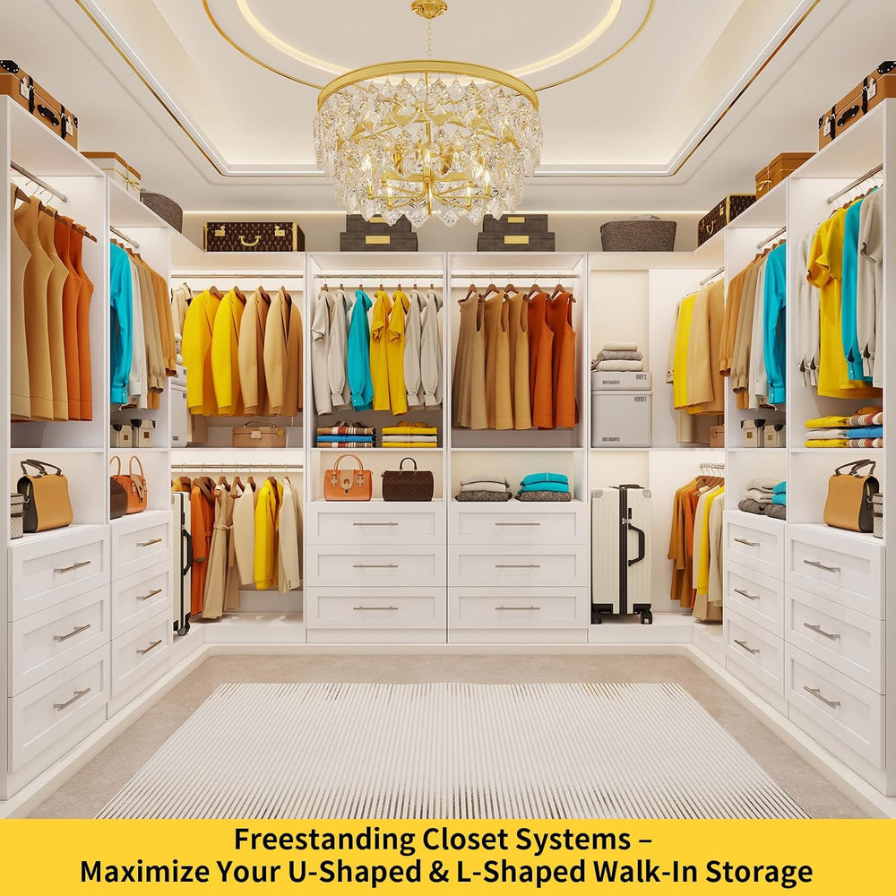 Closet System with 3 Drawers, Corner Closet Organizer System with 5 Hanging R...