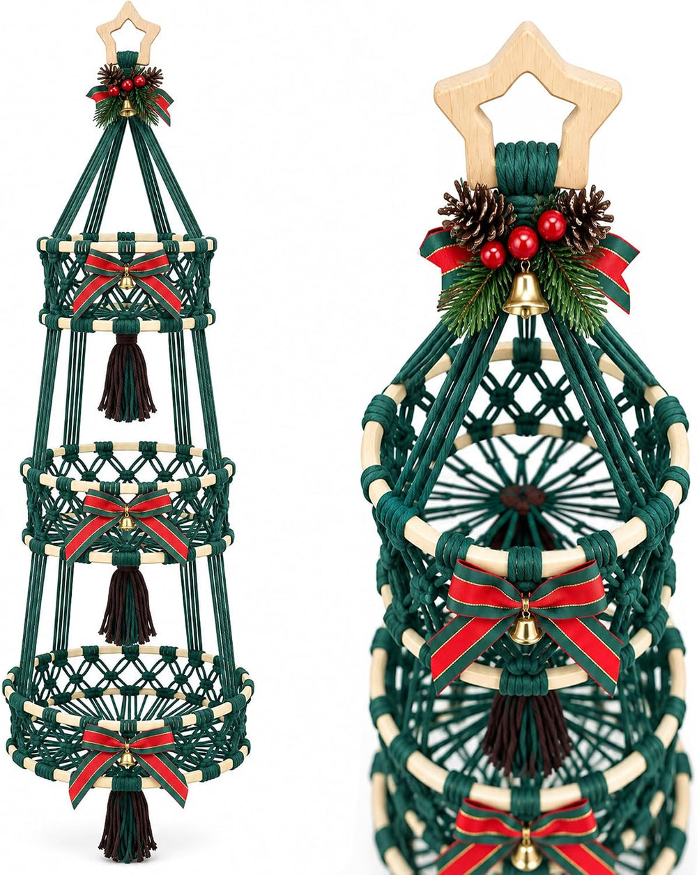 Christmas Hanging Fruit Basket, 3 Tier Macrame Storage Dark Green