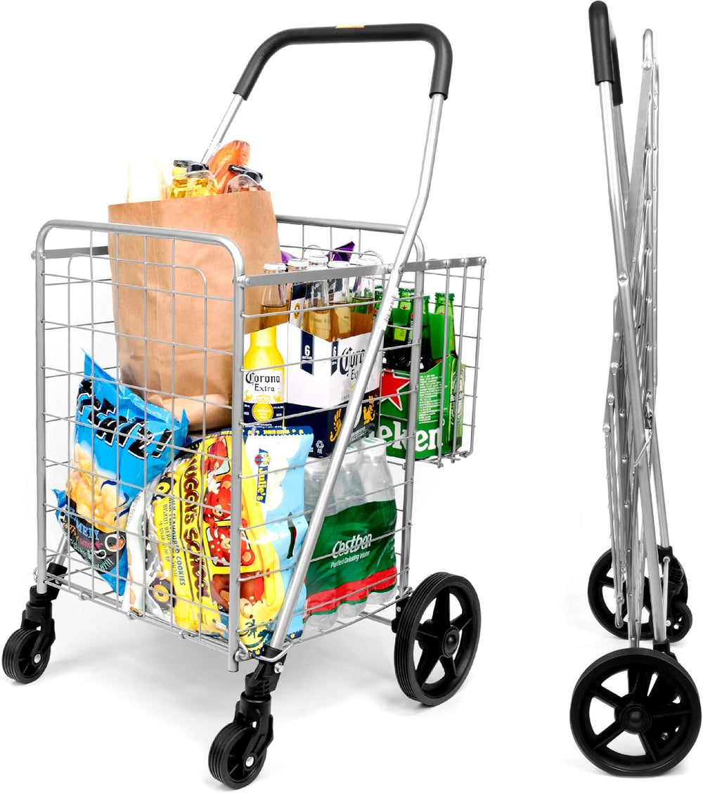 Grocery Utility Shopping Cart - Deluxe Folding Cart with Double Basket and 36...