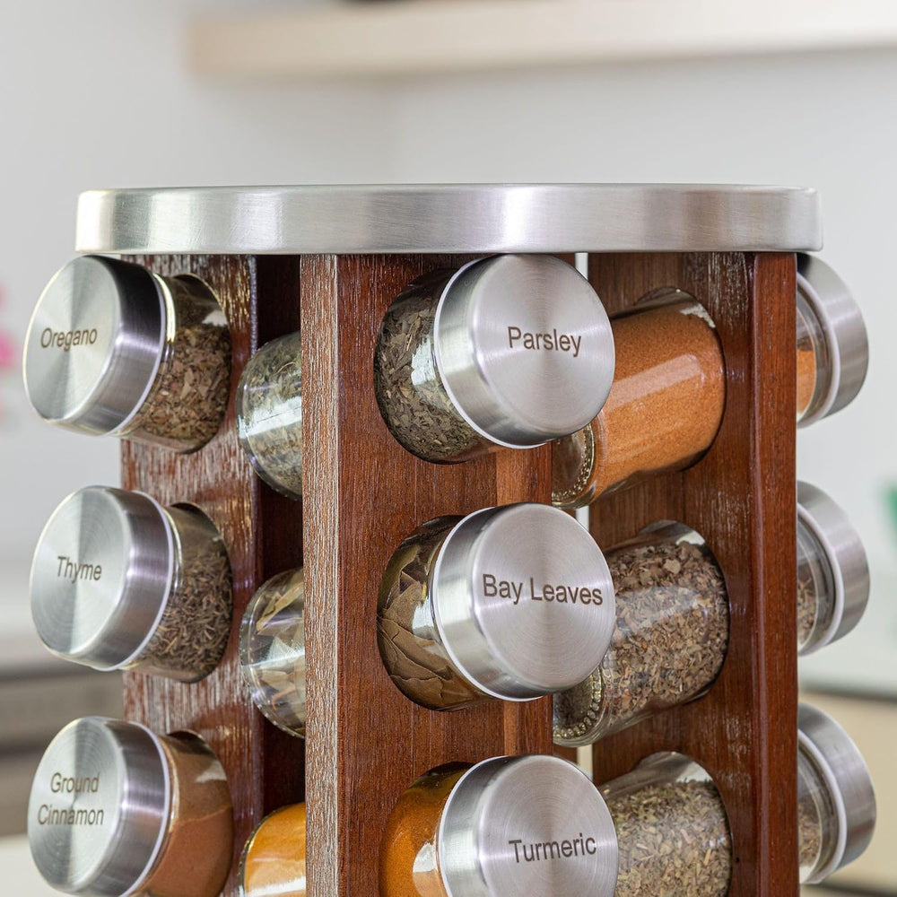 Orii 20 Jar Rotating Dark Acacia Wood Spice Rack with Spices Included & 5...