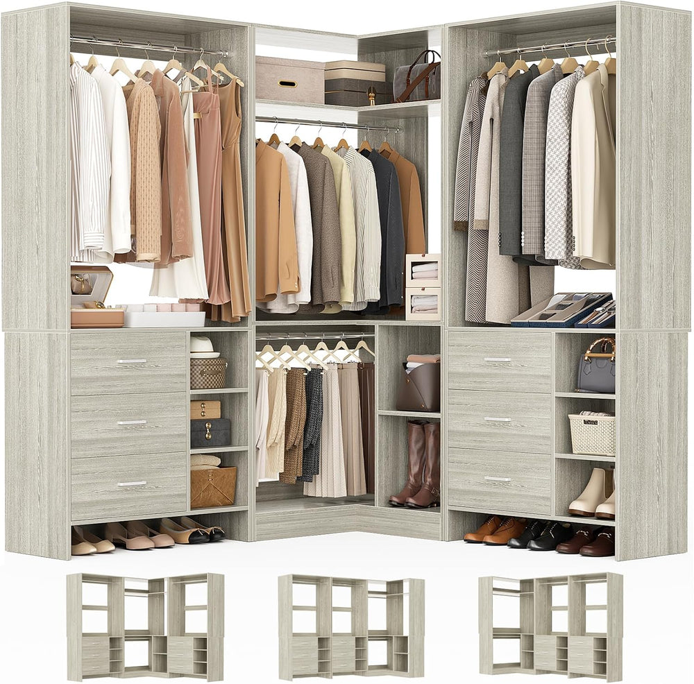 Aheaplus Closet System with 6 Drawers, 4 Hanging Rods & Corner Tower, Cor...