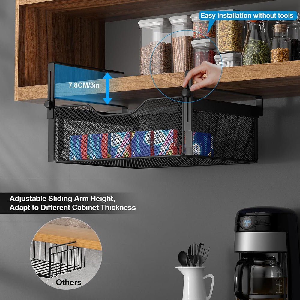 AmonHouseware 2Pack Under Shelf Basket Storage,Adjustable Hanging Arm,Black
