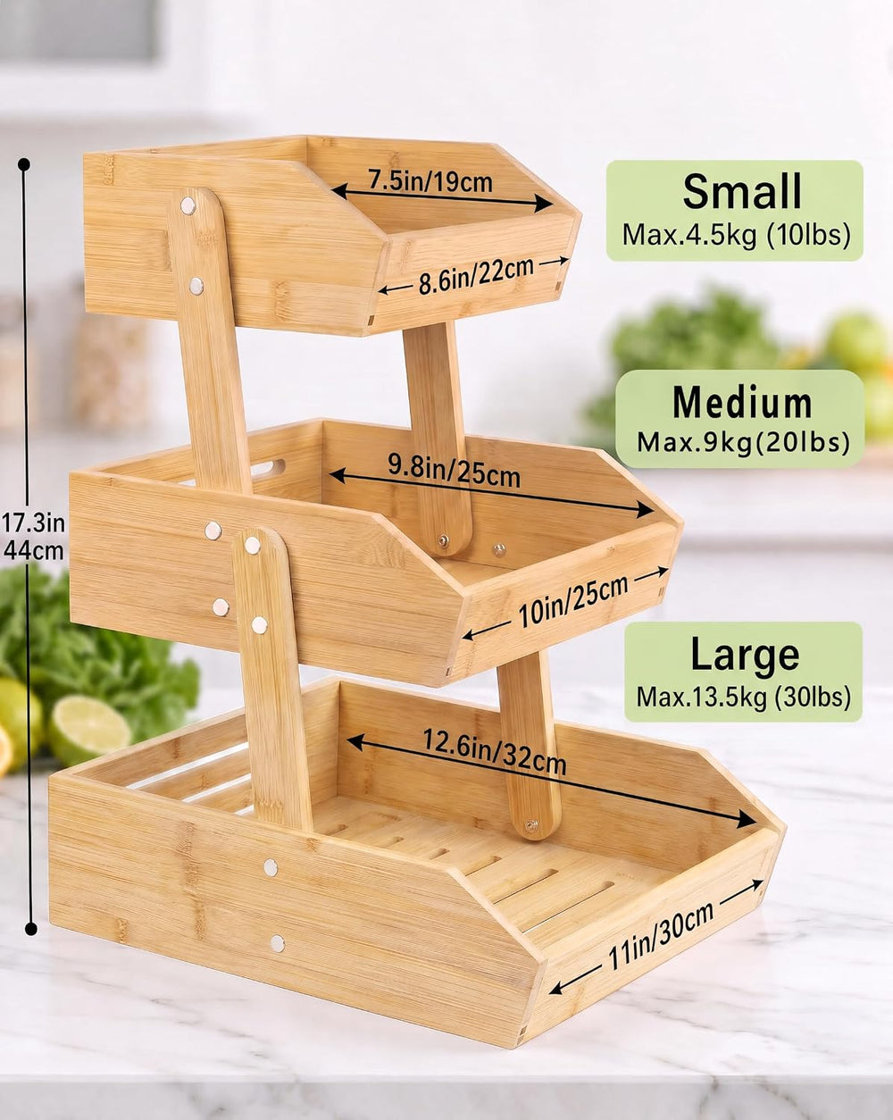 DEKAVA 3 Tier Bamboo Fruit and Vegetable Basket for Kitchen Counter