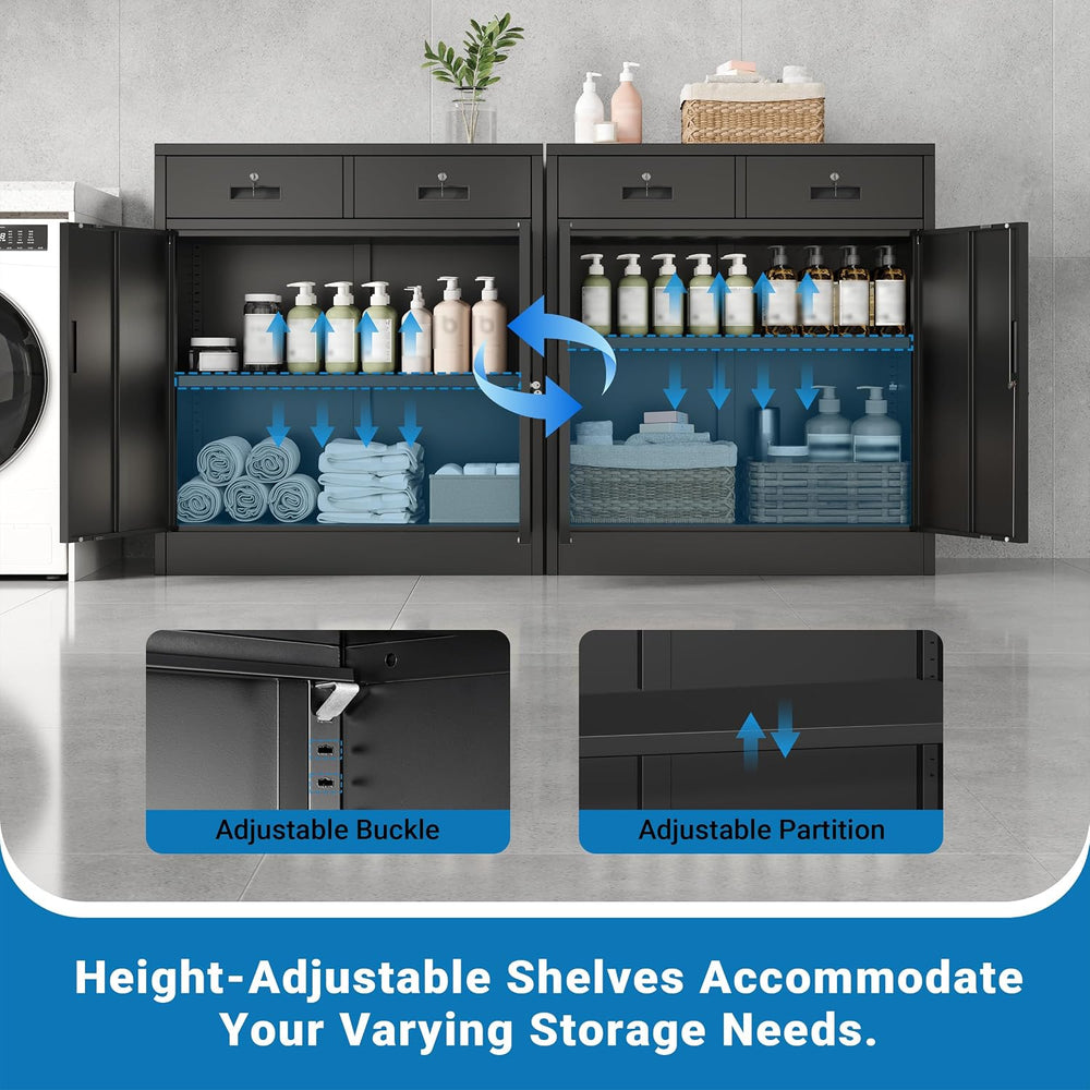 Metal Storage Cabinet, 36" Locking Cabinet with 2 Drawers & Shelves