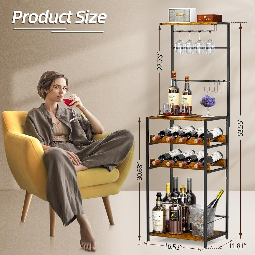 5-Tier Wine Rack Freestanding Floor, Liquor Bar Stand with Glasses Holder and...