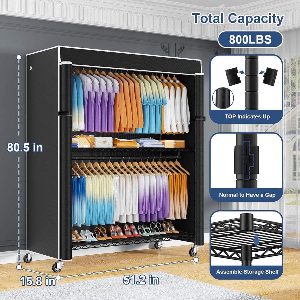 ULIFHOME P8C Max Heavy Duty Clothes Rack(With Extended Width Design) Rolling ...