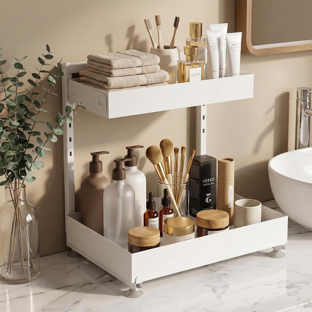 Under Sink Organizer 2 Pack, 2-Tier Metal Slide-Out, Height Adjustable