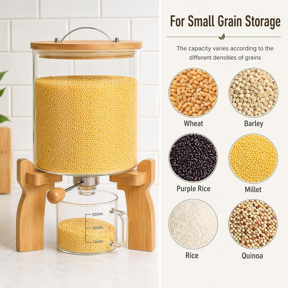 Goaste Glass Rice Dispenser with Bamboo Stand, 5L Flour Cereal Container with...