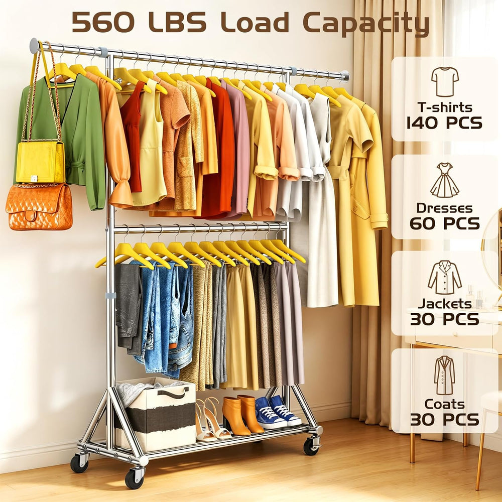 Heavy Duty Rolling Clothes Rack with Double Rods for Hanging Clothes, Adjusta...
