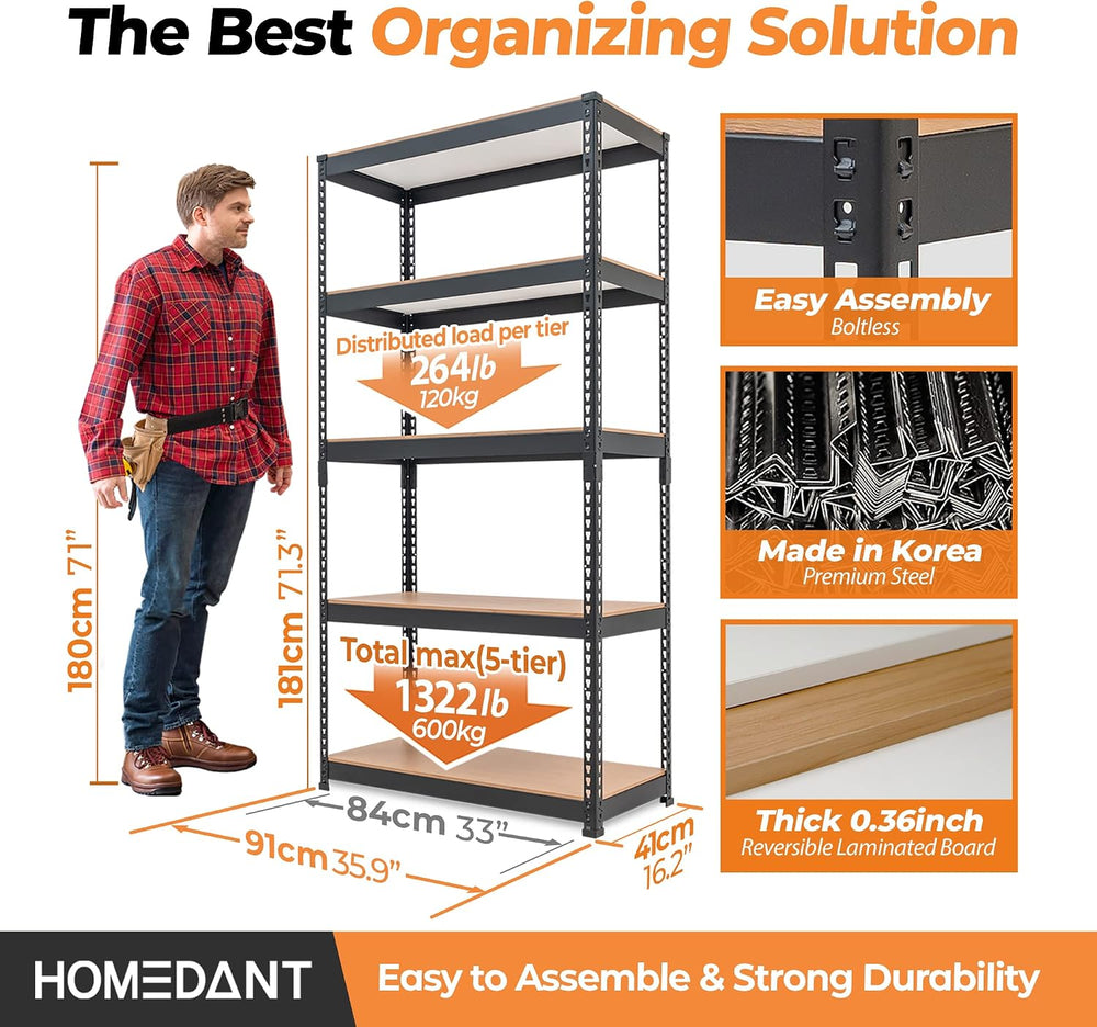 Black 35.9" W 5 Tier Storage Shelves Garage Shelving Unit Metal