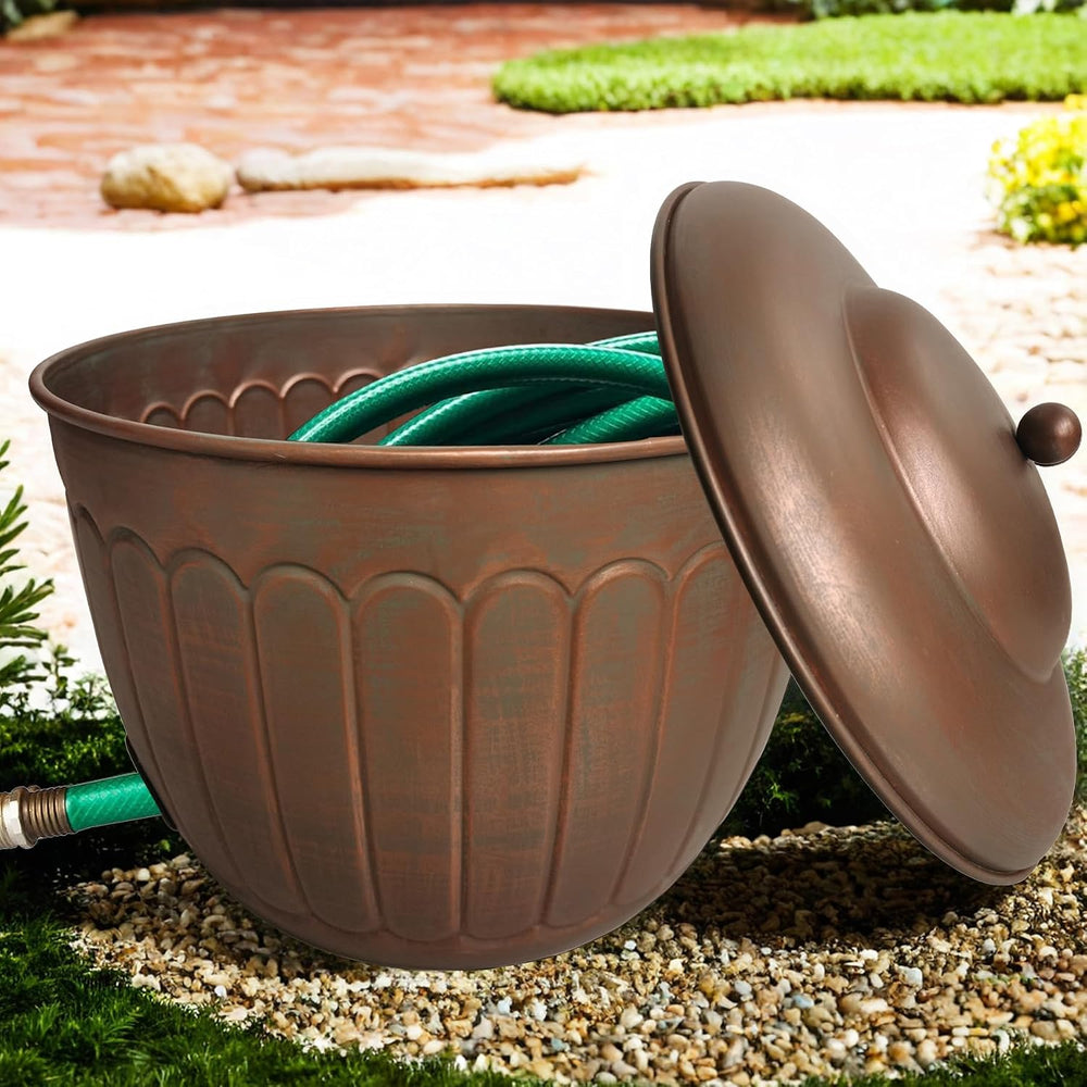 BSTGIFTS Garden Water Hose Holder - Decorative Metal Pot, Metal Hose Storage ...