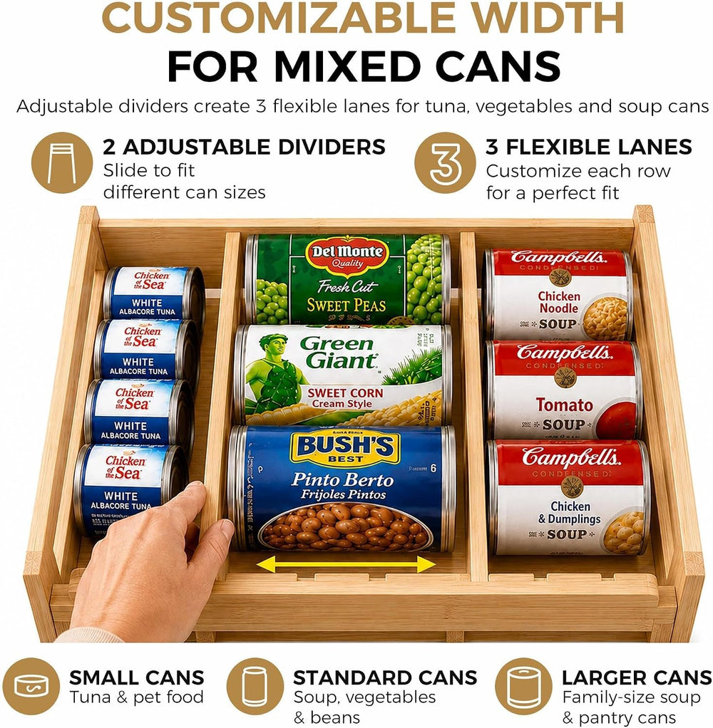 MinBoo Bamboo FIFO Can Organizer for Pantry, 24-Can Gravity Dispenser with Ad...