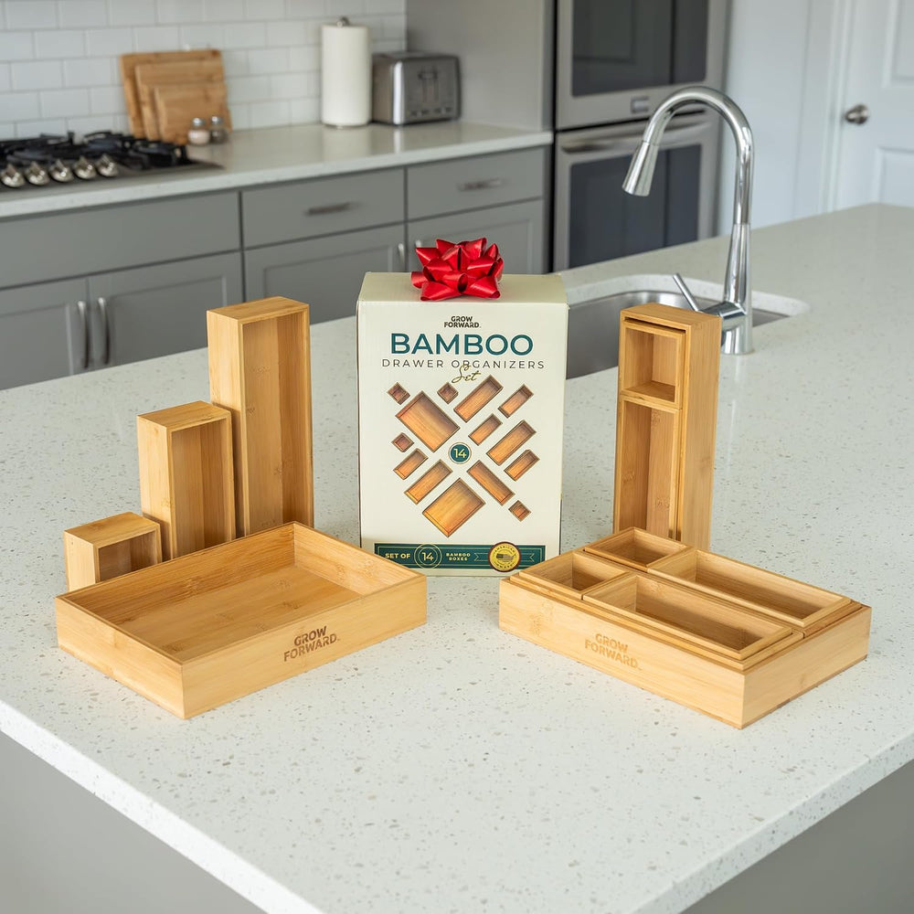 Grow Forward Bamboo Drawer Organizer Boxes - Set of 14 Wooden Drawer Organize...