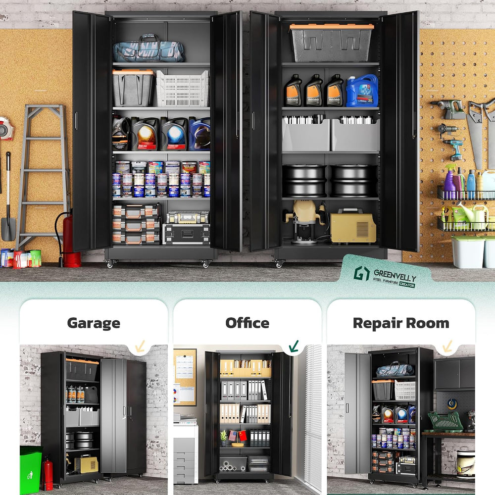 73" Rolling Storage Cabinet,Black Metal Garage Cabinet with Locking Door...