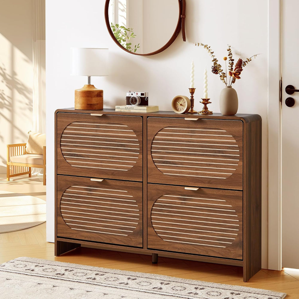 Narrow Shoe Storage Cabinet for Entryway with 4 Flip Drawers, Curved Edge Sho...