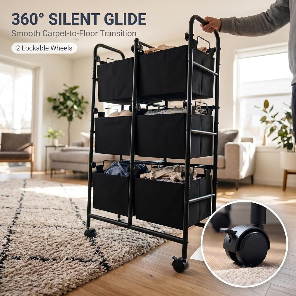 3-Tier Rolling Laundry Sorter Cart, 220L 6-Bag Laundry Hamper on Wheels