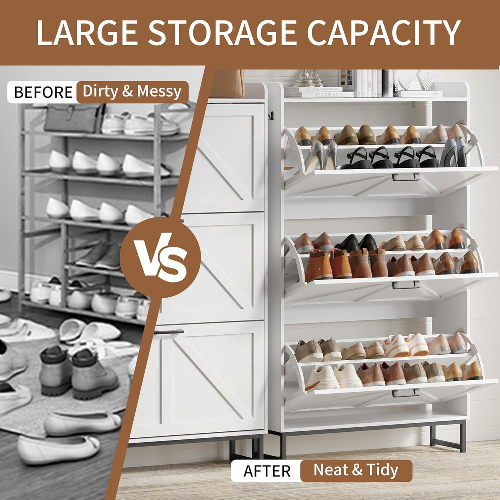 Xixini Shoe Storage Cabinet with 3 Flip Drawers, Entryway Shoe Rack, White