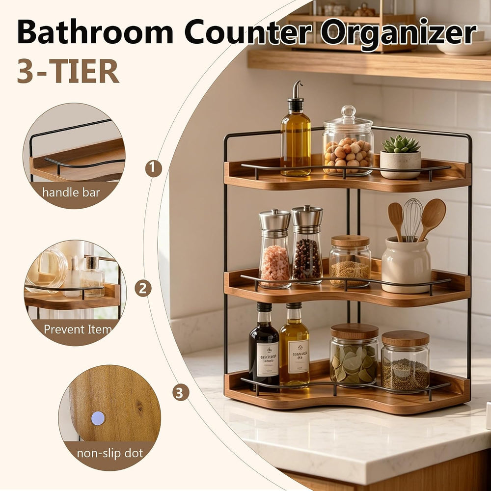 3-Tier Corner Bathroom Counter Organizer, Solid Wood Corner Shelf