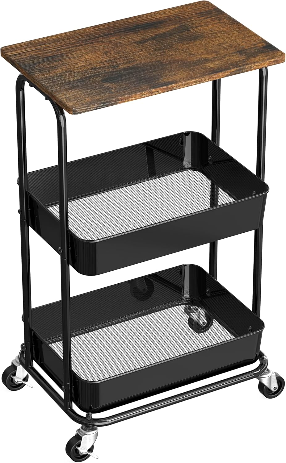 Simple Houseware 2-Tier Utility Cart Wood Top/Lockable Wheel, Rustic Brown