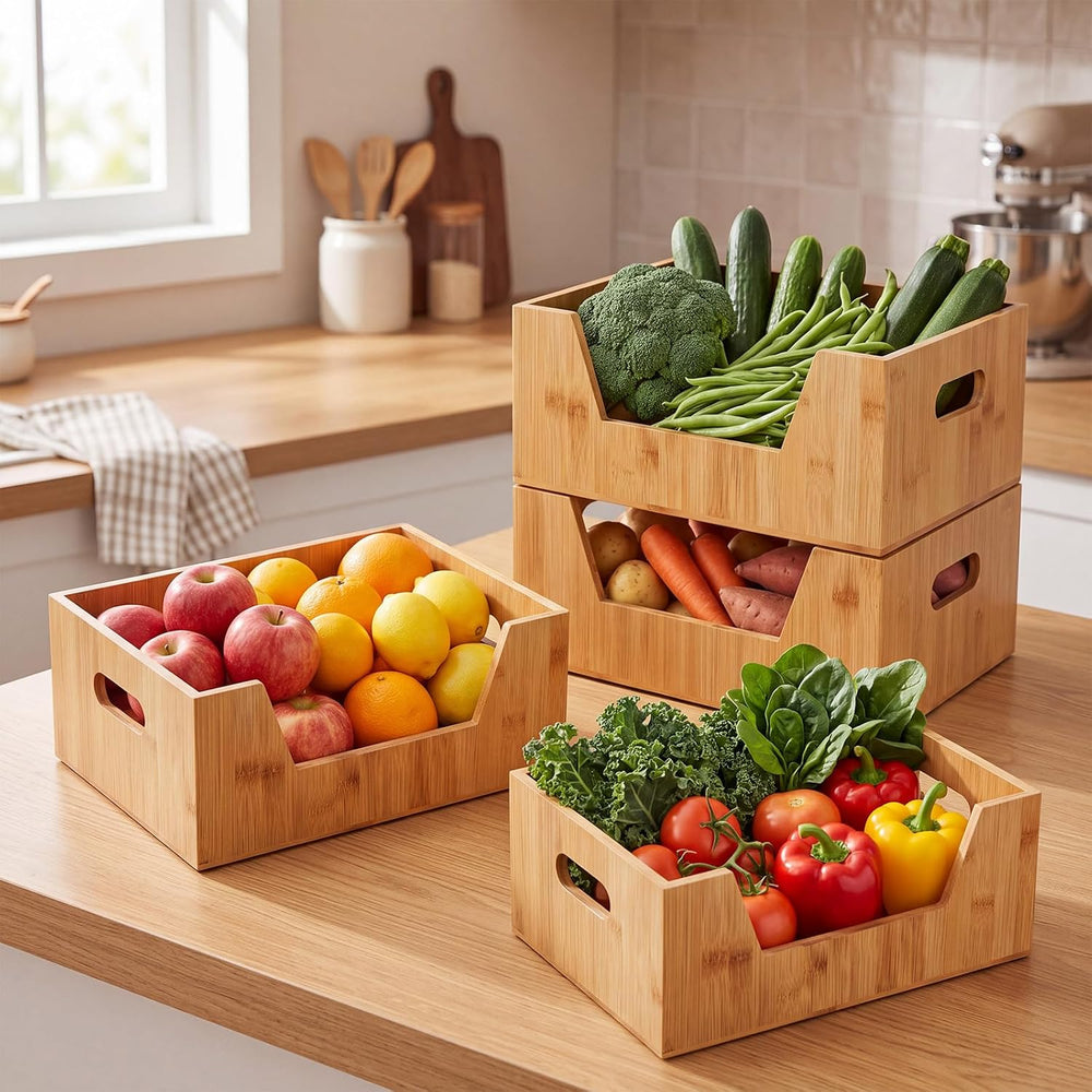 4 Pcs Stackable Bamboo Pantry Storage Bins for Kitchen Storage