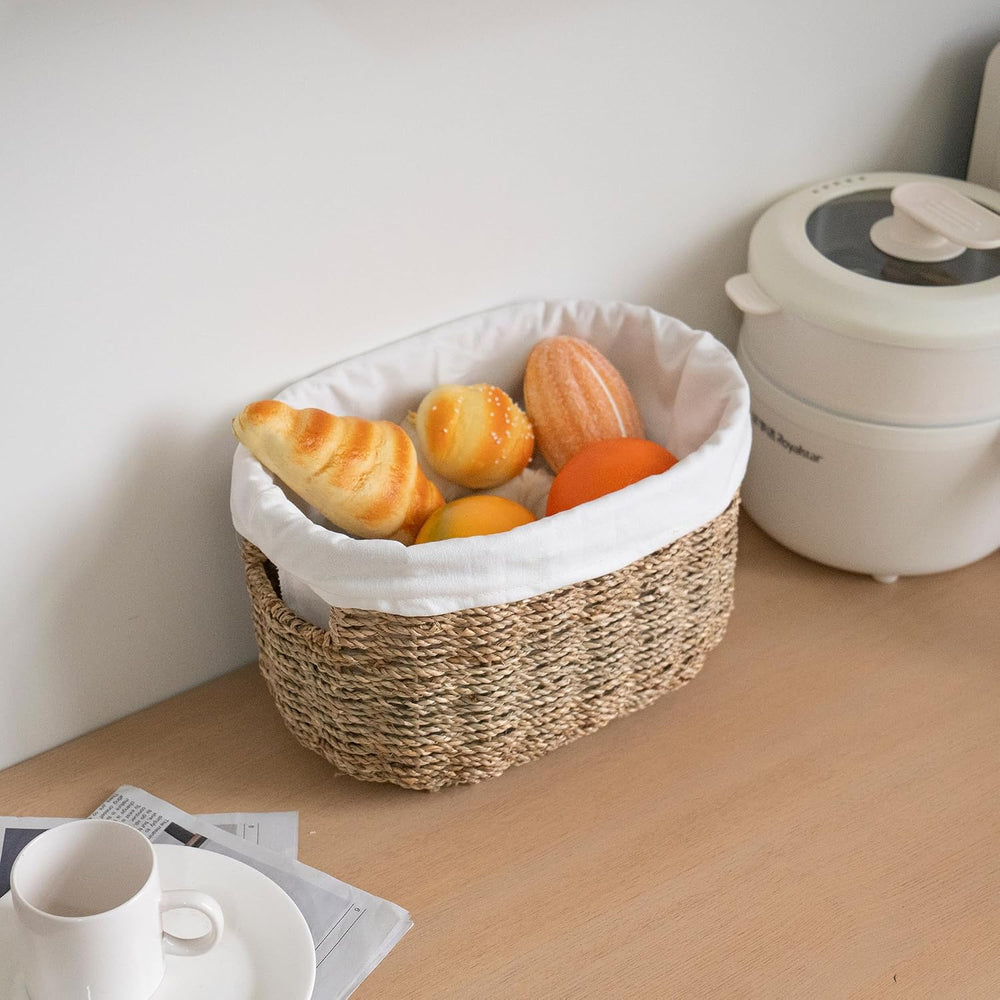 Oval Seagrass Wicker Bread Basket with Liner for Kitchen