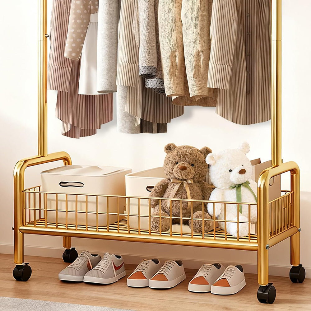 MYUPDALIN Rolling Metal Clothes Rack with Shelves & Storage Basket, Gold